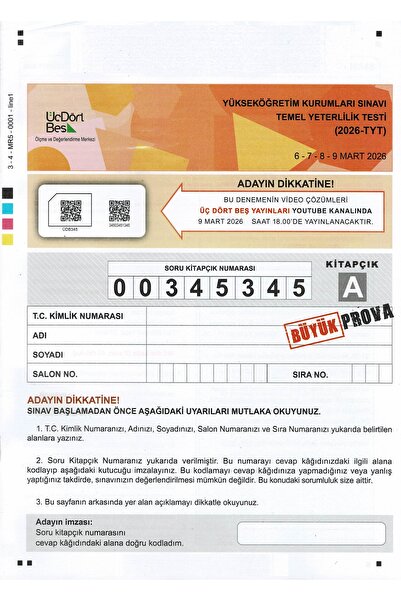 Üç Dört Beş Yayıncılık Üç Dört Beş TYT 2026 Büyük Prova (6-7-8-9 Mart) Tekli ...