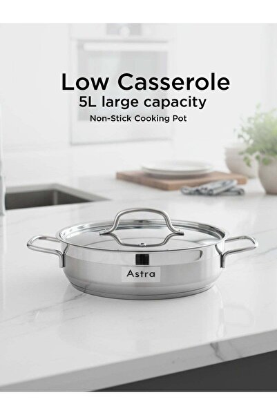 Astra Stainless Steel Low Casserole 26 cm | 5.0 L Capacity | 18/10 Food-Grade...