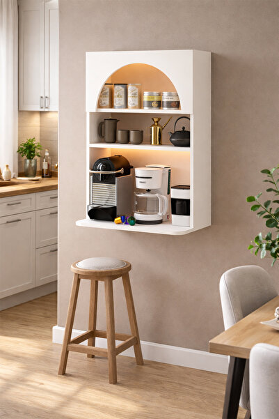 Avmpark Latte Çok Amaçlı Raf Mutfak Rafı Led Işıklı Fincan Dolabı Kahve Köşes...