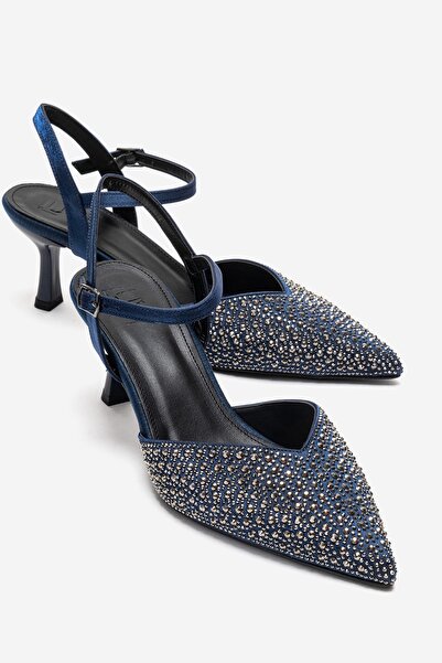 LuviShoes VİLKA Lacivert Saten Taşlı Kadın Sivri Burun İnce Topuklu Abiye Aya...