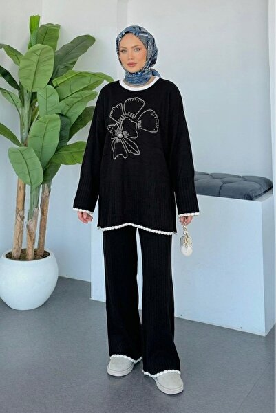 NLT Women's Stone Embellished Floral Embroidered Knitwear Set Oversize Tunic ...