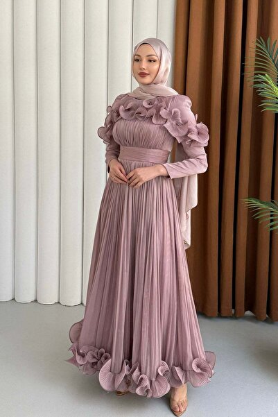 Modaensarbutik Premium Seri Çiçek İşlemeli Tesettür Abiye-GÜL KURUSU