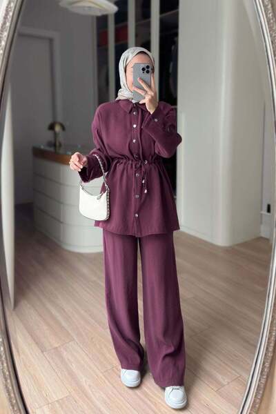 Ka Hijab Set cu detaliu cu nasturi și talie ajustabilă - Prune