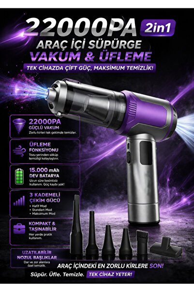 Kılıforyum 22000Pa 2in1 Araç İçi Süpürge Üfleme Fonksiyonlu 15.000mAh Şarjlı ...