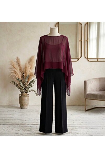 MERİT FASHION Asimetrik Kesim Premium Şifon Bluz&Pelerin