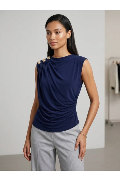 MELA ROSSA Women's Navy Blue Boat Neck Shoulder Buttoned Drawstring Detailed Sleeveless Sandy Fabric Blouse