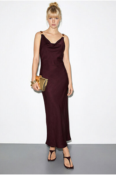 Bianco Lucci Γυναικείο Αξεσουάρ Λεπτομερές Σατέν Μακρύ Φόρεμα με Τιράντες και...