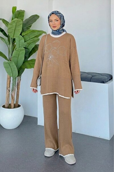 NLT Women's Stone Embellished Floral Embroidered Knitwear Set Oversize Tunic ...