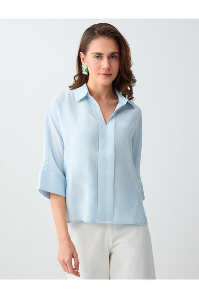 Jimmy Key Μπλούζα με γιακά σε μπλε του ουρανού, με τρία τέταρτα μανίκια, υφαν...