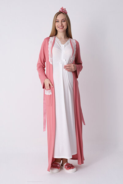 ERDENİZ TEKSTİL Σετ νυχτικών και ρόμπας εγκυμοσύνης με δαντελένιο γιακά και κ...