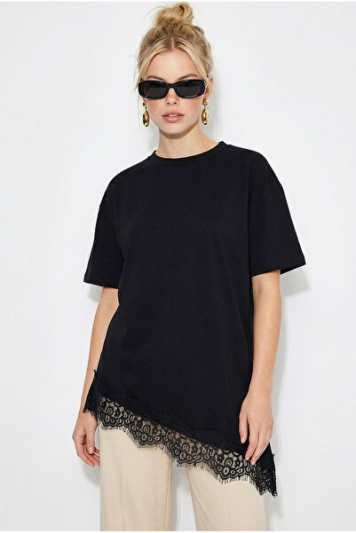Look Kadıköy Kadın Dantel Detaylı Asimetrik Kesim Kısa Kollu T-Shirt 1078 60286069