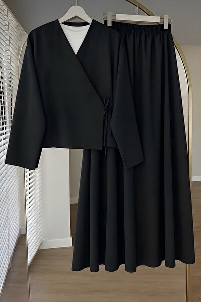 İmajButik Black Side-Tie Dabıl Kimono Skirt Set