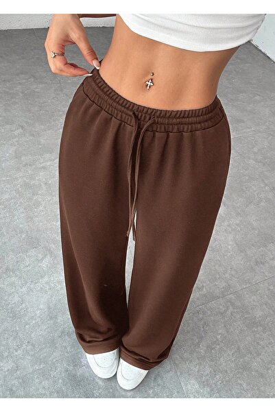 Hera Moda Women's Brown High Waist 2 Thread Wide Leg Sweatpants