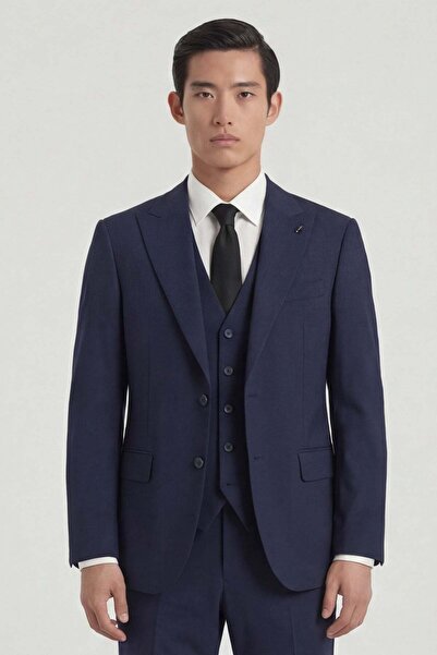 Sabri Özel Men's navy blue viscose blend 6 drop vest classic suit