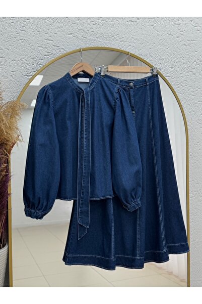 MİHRA STORE Grass Green Tie-Waist Skirt and Piece Denim Set-Ml2132 Denim Color