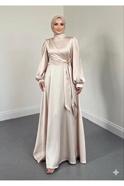 STİLZARAFET Rose Brooch Detailed Satin Evening Dress