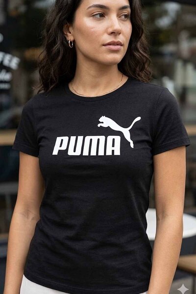 Puma Women's Black Cotton T-Shirt - Logo Printed Short Sleeve Sports T-Shirt