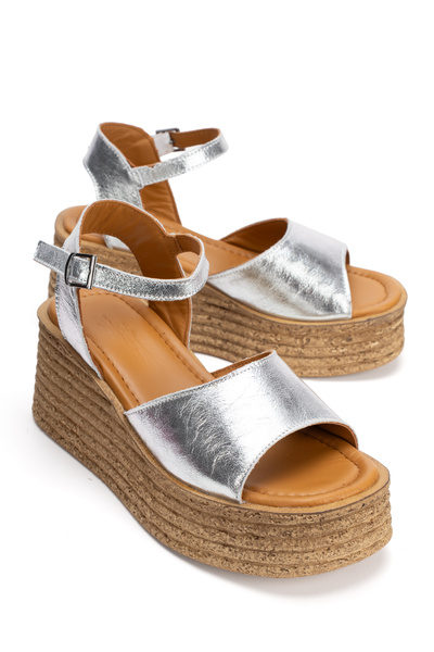 PASSAGE SHOES Women's Genuine Leather Wedge Heeled Sandals 6355 Lame