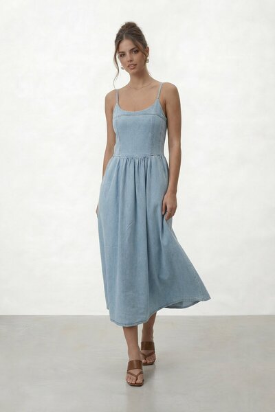 VAGGON Rochie midi din denim cu bretele și straturi