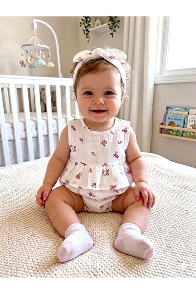 BEREN %100 Pamuk Yazlık Müslin Çiçek Desenli Bandanalı Sırt Detaylı Kız Bebek...