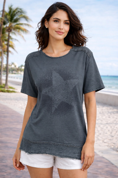 TRQOM Women's Round Neck Washed Short Sleeve Star Printed Shoulder Mesh Bohem...