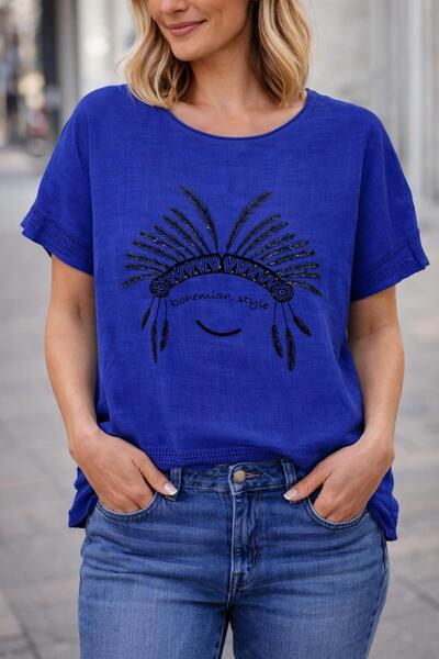 AGORATEKSTİL Γυναικεία μπλούζα με κοντά μανίκια, 100% λινό ύφασμα, με μοτίβο ...