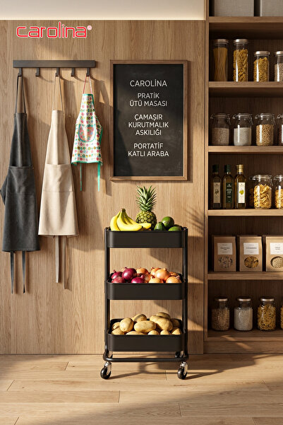 CAROLİNA Servis Arabası 35x45x87 cm 3 Katlı Tekerlekli Metal Organizer Çok Am...