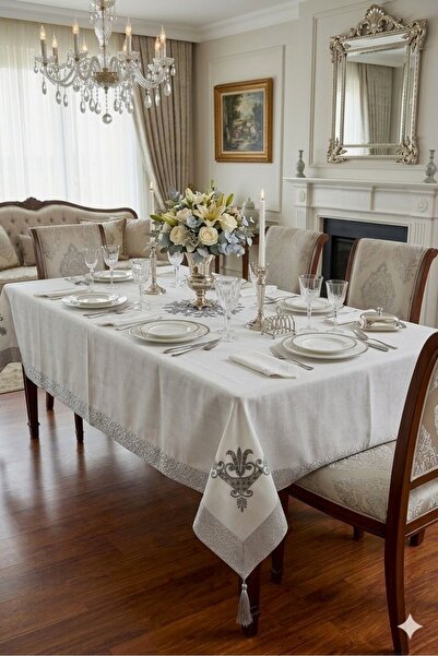 Hevia Home Κεντητό Τραπεζομάντιλο Σαλονιού & Κομψό Τραπεζομάντιλο με Σατέν Ρα...