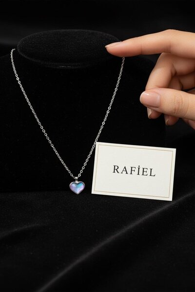 rafiel Hologram Efektli Kalp Uçlu İnce Çelik Zincir Kolye - 44 CM Kolye