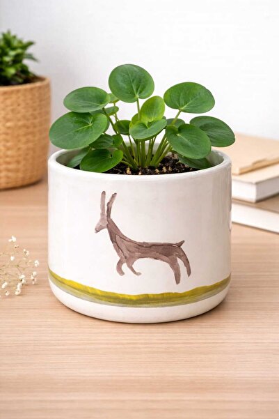 Cogo Seramik El Yapımı Seramik Ceylan Figürlü Tasarım Saksı - 8x8 cm (Bitkisi...