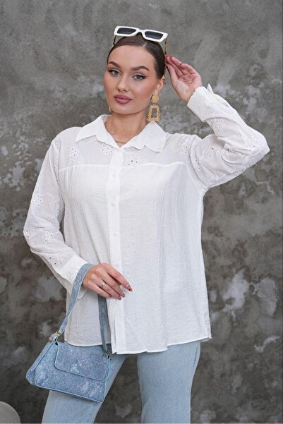 NEW JOURNAL Women's White Scallop Detailed Shirt Pc2174