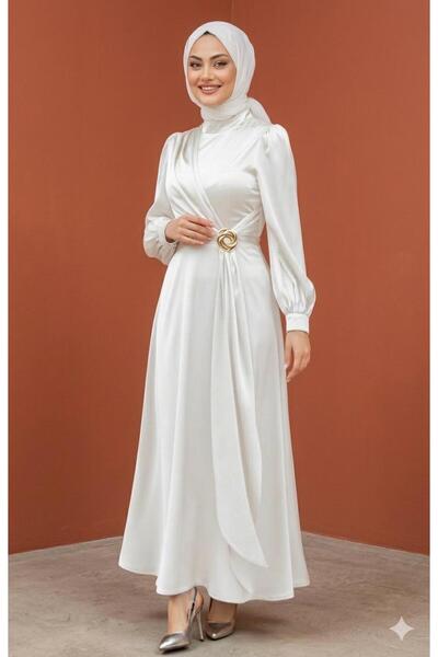 STİLZARAFET Rose Brooch Detailed Satin Evening Dress