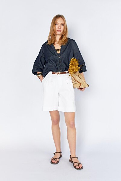 TENA Women's White Lycra Gabardine Midi Shorts with Belt