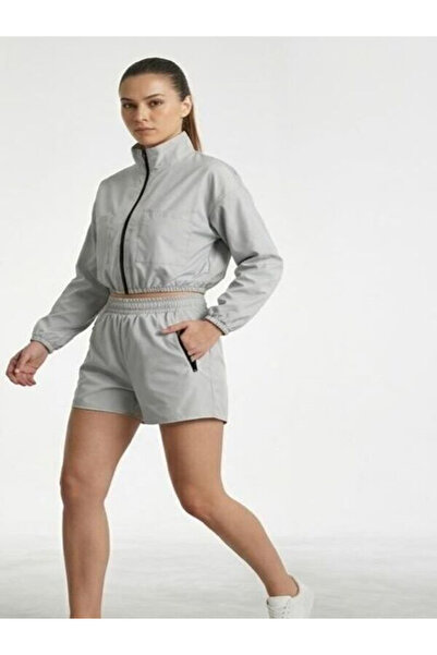 NITA Women's Gray Zippered Elastic Waist Half Sleeve Parachute Fabric Crop Ja...