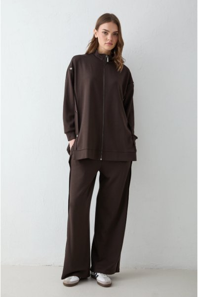 TUGBA COLLECTION Yan ÇıtÇıt Detaylı Modal Kumaş Tunik, Pantolon Causal Takım