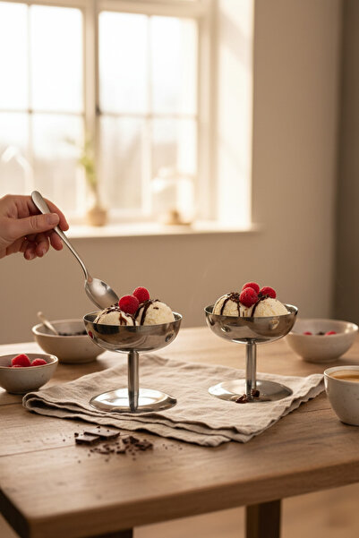 Akayev Aurea 2-Pack 8 cm Steel Footed Ice Cream Bowl, Serving Bowl, Snack Bow...