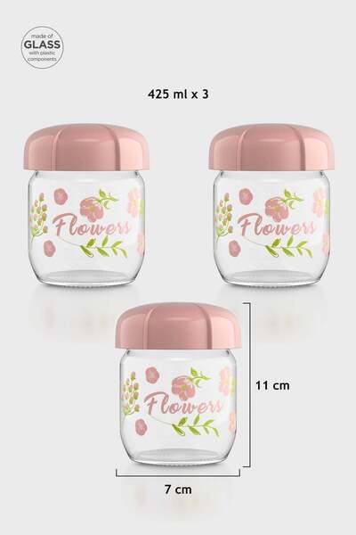 Renga Rhea 425 ml Flower Patterned 3-Piece Glass Jar Set 132005 Pink