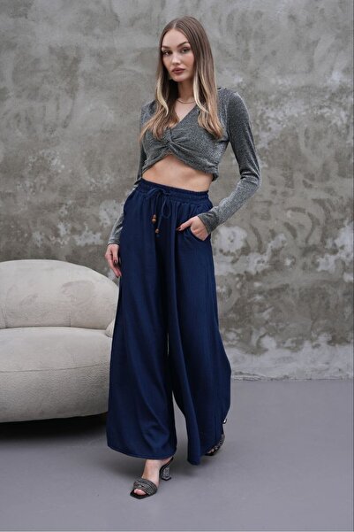 NEW JOURNAL Women's Navy Blue Elastic Waist Tie-Dye Draped Trousers Pc021