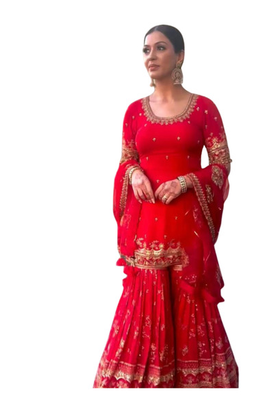 MYSMAR Red Faux Georgette Salwar Kameez & Dupatta - HRT1354 - Red