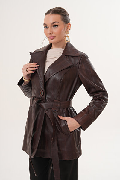 Metins Leather Kadın Kemerli Fit Kesim Hakiki Deri Ceket 3709