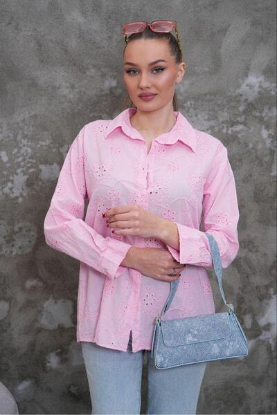 NEW JOURNAL Women's Pink Scallop Embroidered Shirt Pc2173