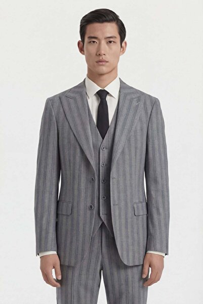 Giotelli Men's Dark Gray Striped 8 Drop Viscose Blended Vest Suit