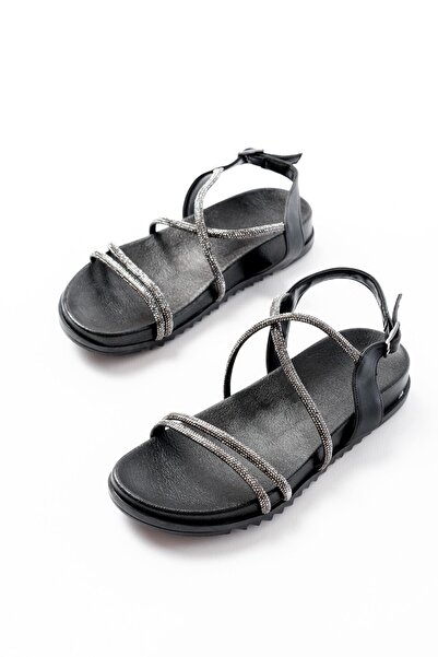 Zerenyus Zri̇n-1001-1105 Premium Black Platinum Stone Daily Women's Sandals