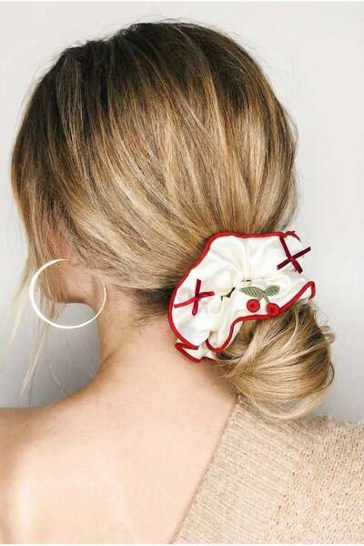 Katia&Bony Cataramă elastică din satin ecru cu fundă brodată cu cireșe