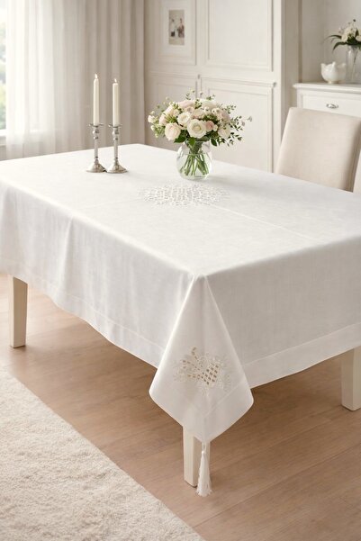 Hevia Home Κεντητό Τραπεζομάντιλο Σαλονιού & Κομψό Τραπεζομάντιλο με Σατέν Ρα...