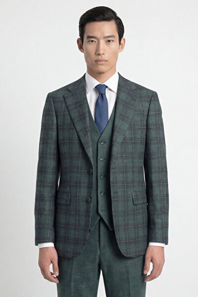 Sabri Özel Men's green plaid pointed collar slim fit 6 drop fully lined visco...