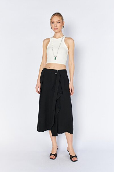 TENA Fusta neagră de damă 3495 cu centură în talie și detalii cu inserții