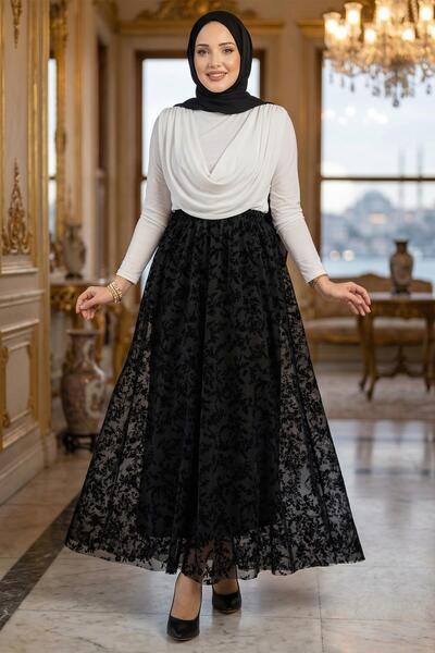 hafsamina Flok Baskılı Astarlı Çiçek Desenli Tül Etek Siyah HM2902