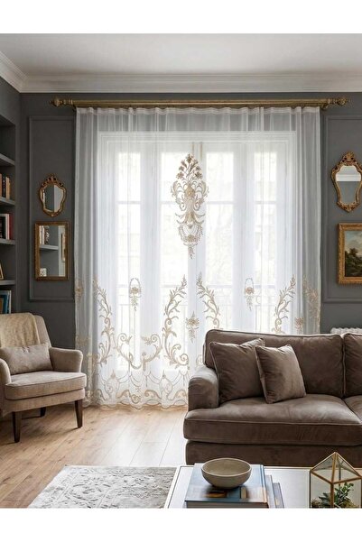 CASA NATURALE لوحة ستائر من التول اليوناني مطرزة بالتطريز