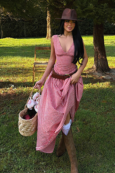 Eyyo Red Plaid V-Neck Sleeveless Plaid Patterned Back Detail Long Dress Ate-4929